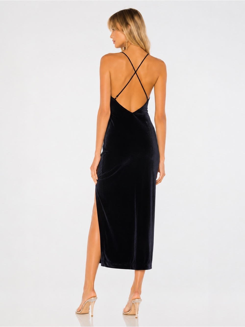 Bardot Navy Blue Velvet Midi Dress, Open Back Evening Dress with High Slit XS